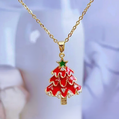 Red Enamel Christmas Tree Pendant Necklace - Necklaces - 18k Gold Plated Waterproof Jewellery - Collection 9