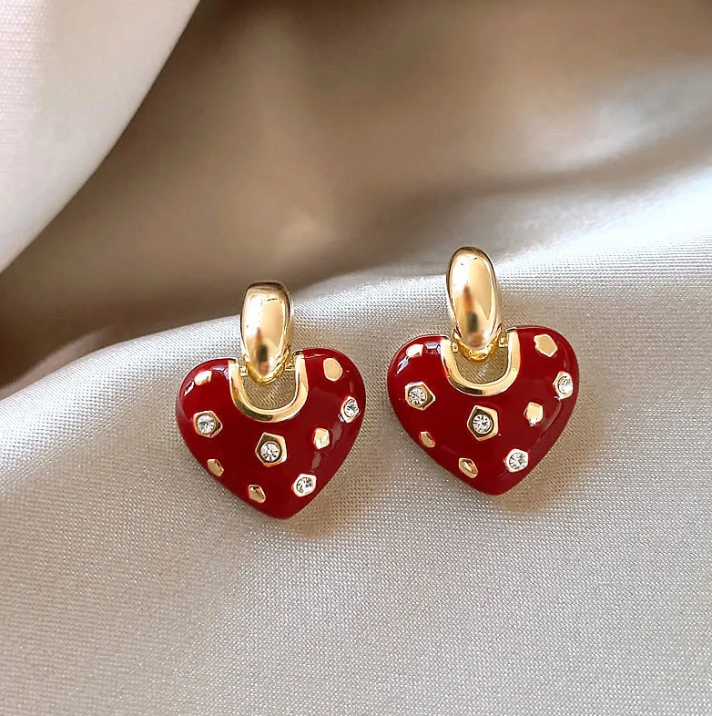 Gold Red Heart Drop Hoop Earrings - Earrings - 18k Gold Plated Waterproof Jewellery - Collection 9