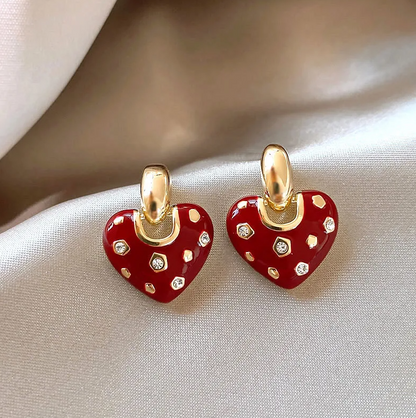 Gold Red Heart Drop Hoop Earrings - Earrings - 18k Gold Plated Waterproof Jewellery - Collection 9