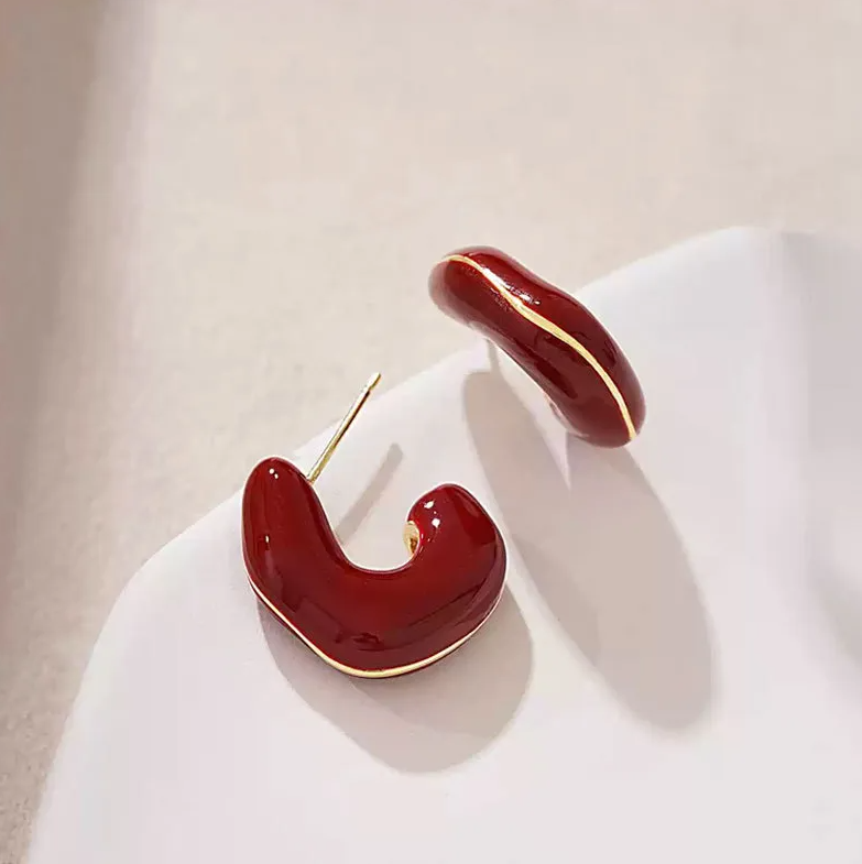 Gold Red Enamel C-Hoop Earrings - Earrings - 18k Gold Plated Waterproof Jewellery - Collection 9