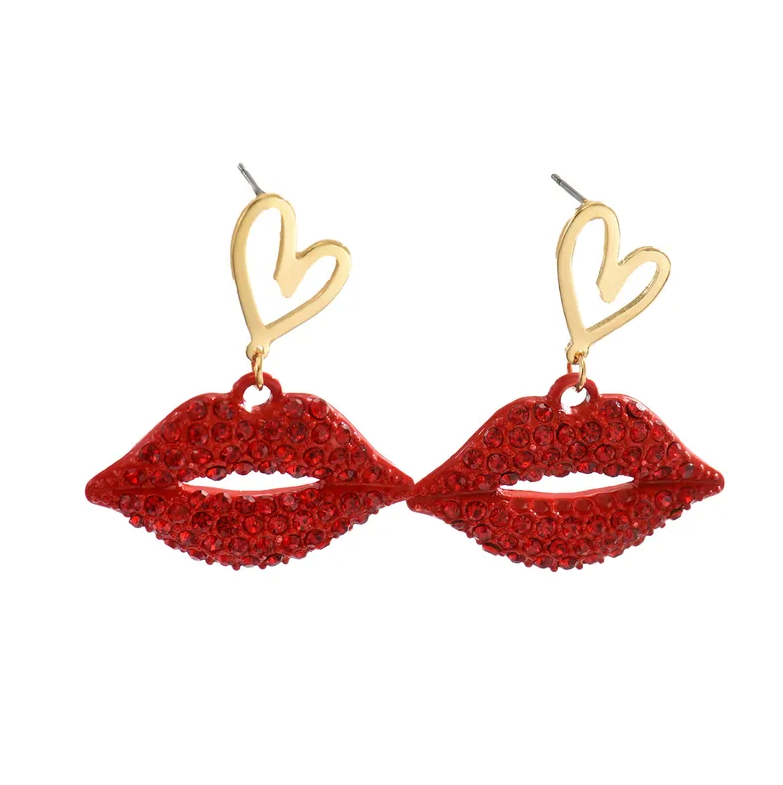 Gold Heart Red Lips Drop Earrings - Earrings - 18k Gold Plated Waterproof Jewellery - Collection 9