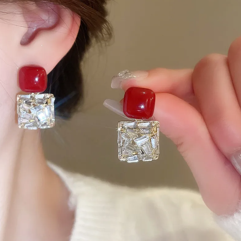 Gold Red Crystal Square Drop Earrings - Earrings - 18k Gold Plated Waterproof Jewellery - Collection 9
