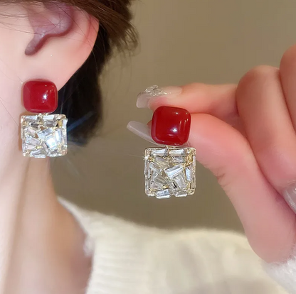 Gold Red Crystal Square Drop Earrings - Earrings - 18k Gold Plated Waterproof Jewellery - Collection 9