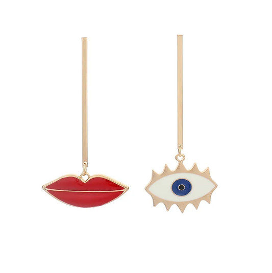 Gold Lips Evil Eye Asymmetric Drop Earrings - Earrings - 18k Gold Plated Waterproof Jewellery - Collection 9