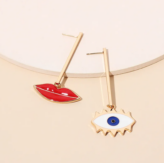 Gold Lips Evil Eye Asymmetric Drop Earrings - Earrings - 18k Gold Plated Waterproof Jewellery - Collection 9