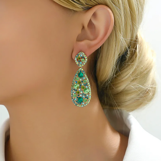 Gold Green Crystal Teardrop Earrings - Earrings - 18k Gold Plated Waterproof Jewellery - Collection 9