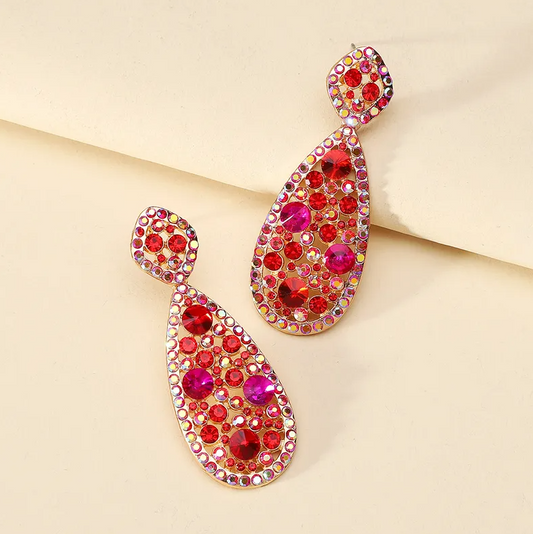 Gold Red Pink Crystal Teardrop Earrings - Earrings - 18k Gold Plated Waterproof Jewellery - Collection 9