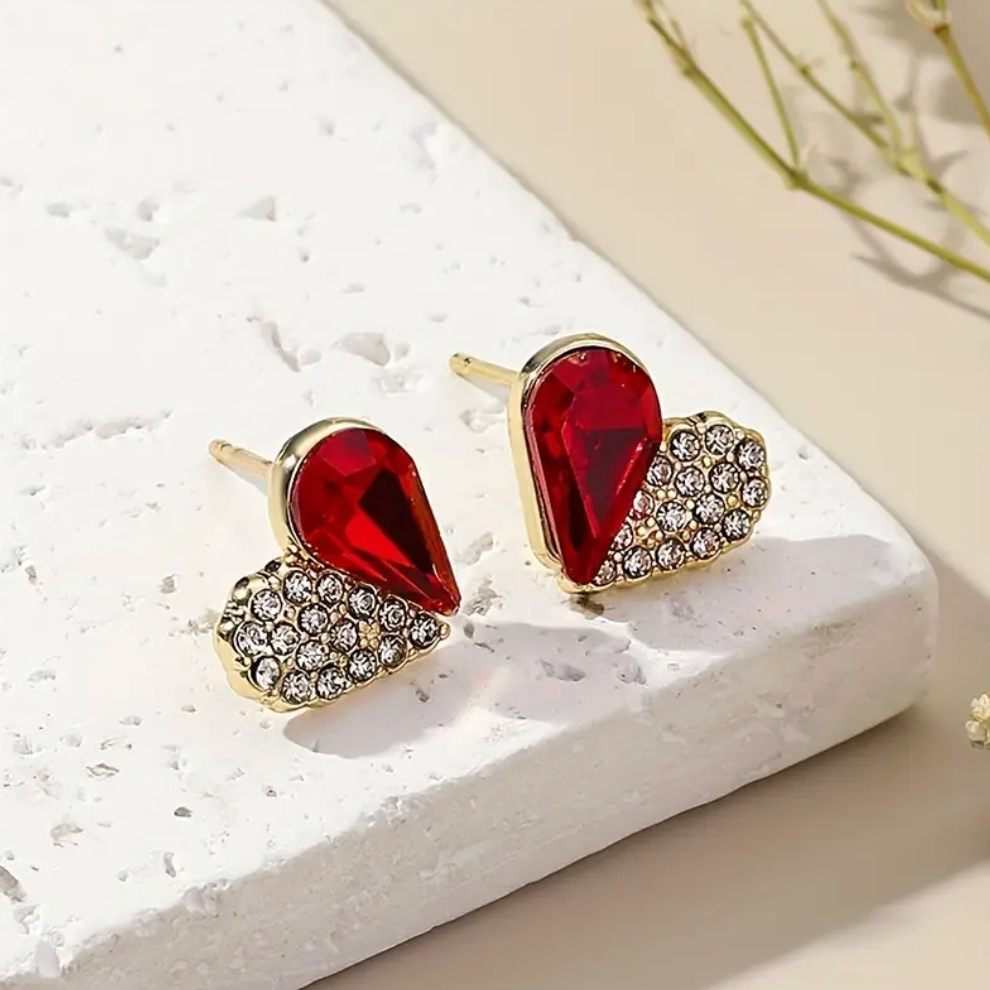 Gold Red Crystal Double Heart Stud Earrings - Earrings - 18k Gold Plated Waterproof Jewellery - Collection 9