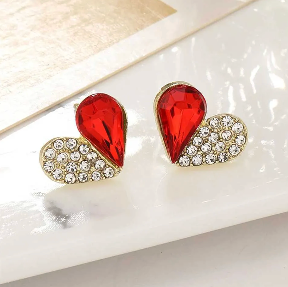 Gold Red Crystal Double Heart Stud Earrings - Earrings - 18k Gold Plated Waterproof Jewellery - Collection 9