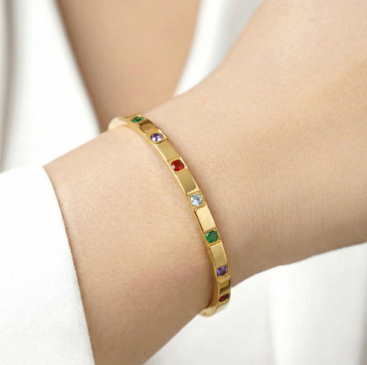 Gold Multicolor Crystal Bangle - Bracelet - 18k Gold Plated Waterproof Jewellery - Collection 9
