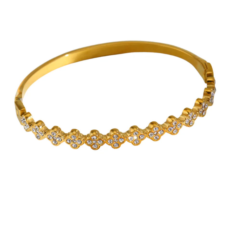 Gold Crystal Flower Bead Bangle - Bracelet - 18k Gold Plated Waterproof Jewellery - Collection 9