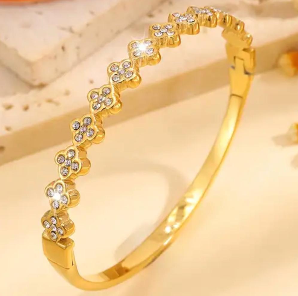 Gold Crystal Flower Bead Bangle - Bracelet - 18k Gold Plated Waterproof Jewellery - Collection 9