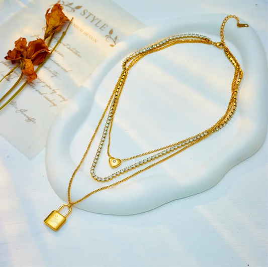 Gold Crystal Layered Lock Necklace - Necklace - 18k Gold Plated Waterproof Jewellery - Collection 9