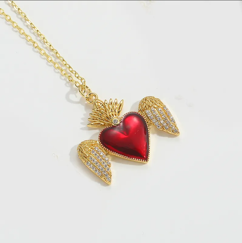 Gold Red Enamel Heart Angel Wings Necklace - Necklace - 18k Gold Plated Waterproof Jewellery - Collection 9