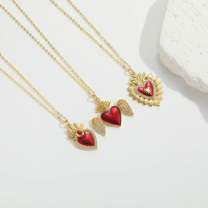 Gold Red Enamel Heart Angel Wings Necklace - Necklace - 18k Gold Plated Waterproof Jewellery - Collection 9
