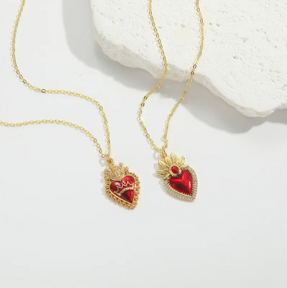 Gold Red Enamel Heart Crown Necklace - Necklace - 18k Gold Plated Waterproof Jewellery - Collection 9