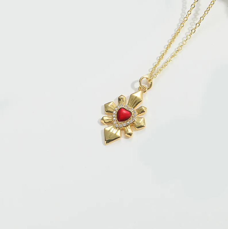 Gold Red Enamel Heart Flower Necklace - Necklace - 18k Gold Plated Waterproof Jewellery - Collection 9