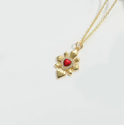 Gold Red Enamel Heart Flower Necklace - Necklace - 18k Gold Plated Waterproof Jewellery - Collection 9