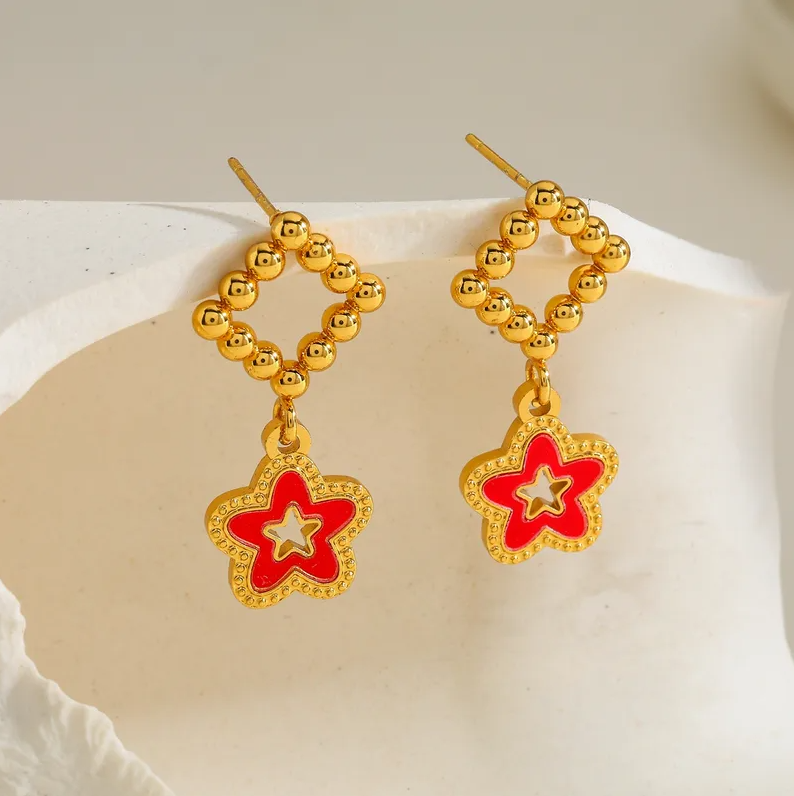 Gold Red Enamel Star Drop Earrings - Earrings - 18k Gold Plated Waterproof Jewellery - Collection 9