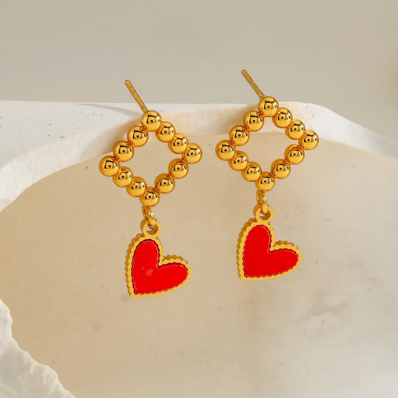 Gold Red Enamel Heart Drop Earrings - Earrings - 18k Gold Plated Waterproof Jewellery - Collection 9