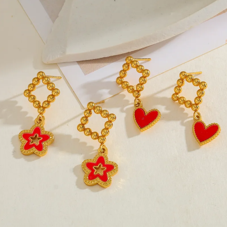 Gold Red Enamel Star Drop Earrings - Earrings - 18k Gold Plated Waterproof Jewellery - Collection 9