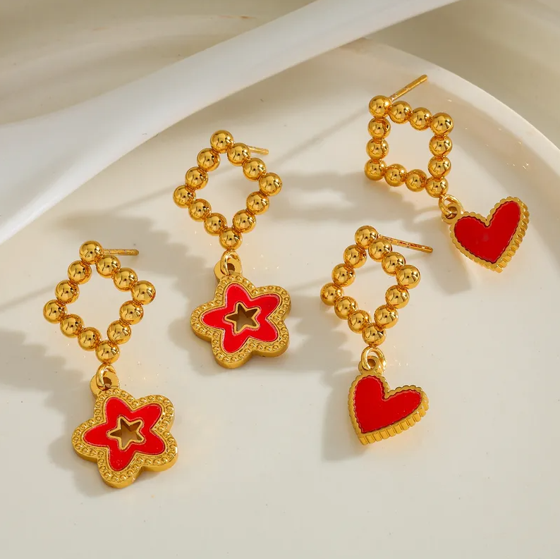 Gold Red Enamel Heart Drop Earrings - Earrings - 18k Gold Plated Waterproof Jewellery - Collection 9