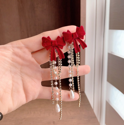 Red Velvet Bow Crystal Tassel Earrings - Earrings - 18k Gold Plated Waterproof Jewellery - Collection 9