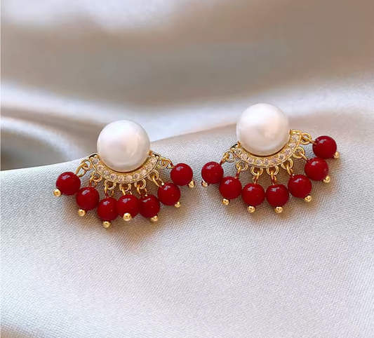 Gold Pearl Red Bead Earrings - Earrings - 18k Gold Plated Waterproof Jewellery - Collection 9