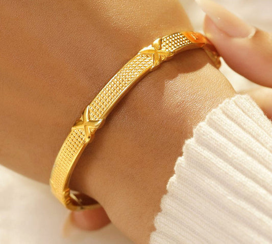Gold Textured X Pattern Bangle - Bracelets - 18k Gold Plated Waterproof Jewellery - Collection 9