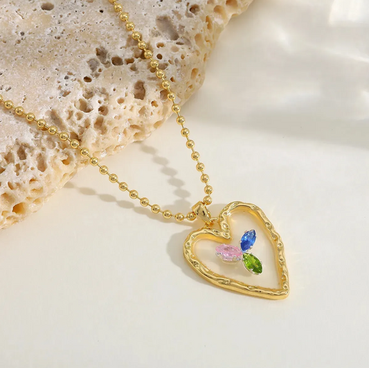 Gold Multicolor Crystal Heart Pendant Necklace - Necklace - 18k Gold Plated Waterproof Jewellery - Collection 9