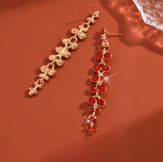 Gold Red Crystal Flower Chain Earrings - Earrings - 18k Gold Plated Waterproof Jewellery - Collection 9