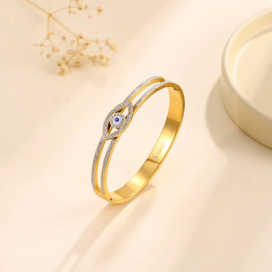 Gold Evil Eye Crystal Bangle - Bracelet - 18k Gold Plated Waterproof Jewellery - Collection 9