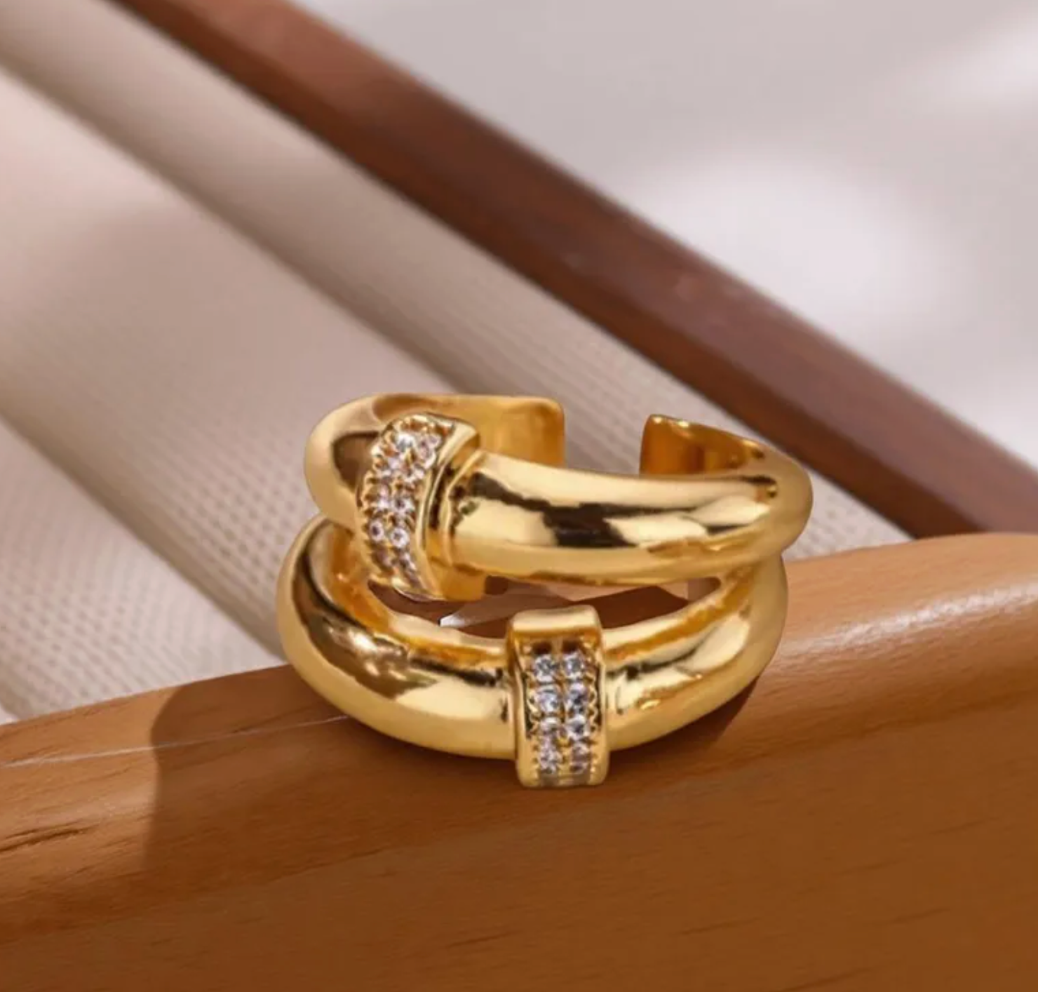 Gold Crystal Open Adjustable Ring - Ring - 18k Gold Plated Waterproof Jewellery - Collection 9