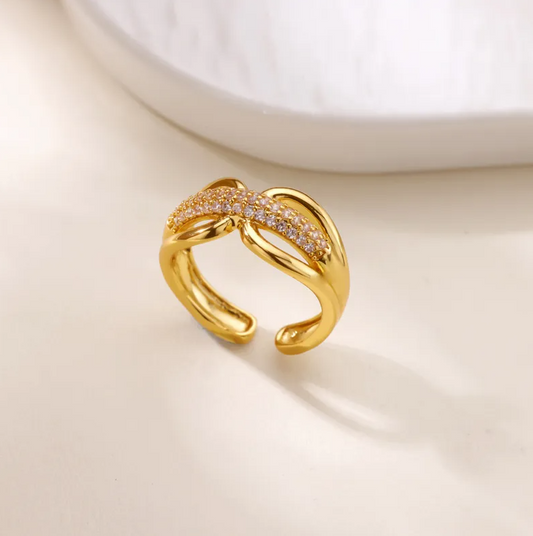 Gold Crystal Twist Open Ring - Ring - 18k Gold Plated Waterproof Jewellery - Collection 9