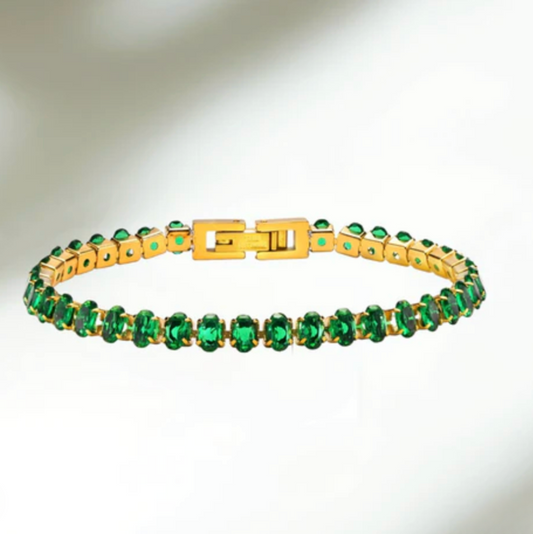 Gold Green Crystal Tennis Bracelet - Bracelet - 18k Gold Plated Waterproof Jewellery - Collection 9