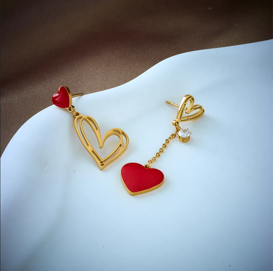 Gold Red Heart Asymmetric Drop Earrings - Earrings - 18k Gold Plated Waterproof Jewellery - Collection 9