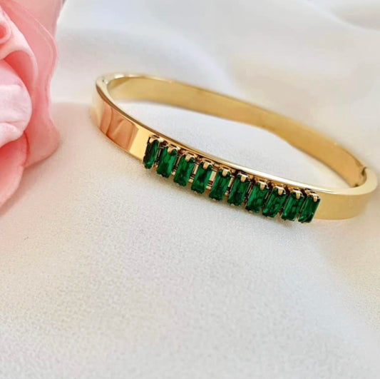 Gold Green Crystal Bangle - Bracelet - 18k Gold Plated Waterproof Jewellery - Collection 9