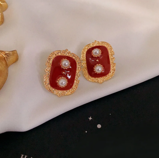 Gold Red Enamel Heart Pearl Stud Earrings - Earrings - 18k Gold Plated Waterproof Jewellery - Collection 9