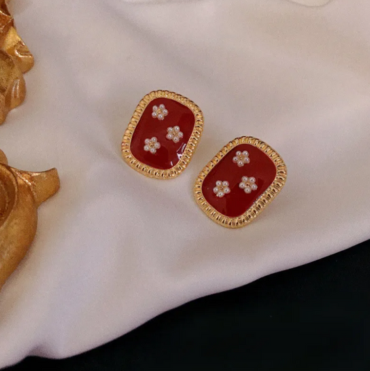 Gold Red Enamel Heart Pearl Stud Earrings - Earrings - 18k Gold Plated Waterproof Jewellery - Collection 9