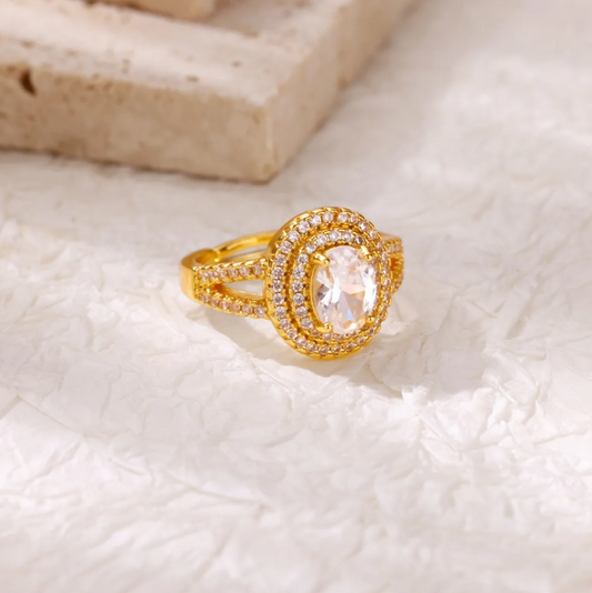 Gold Pink Crystal Halo Adjustable Ring - Ring - 18k Gold Plated Waterproof Jewellery - Collection 9