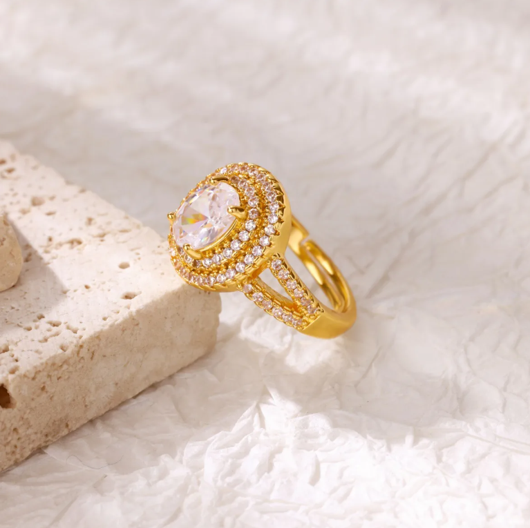 Gold Pink Crystal Halo Adjustable Ring - Ring - 18k Gold Plated Waterproof Jewellery - Collection 9