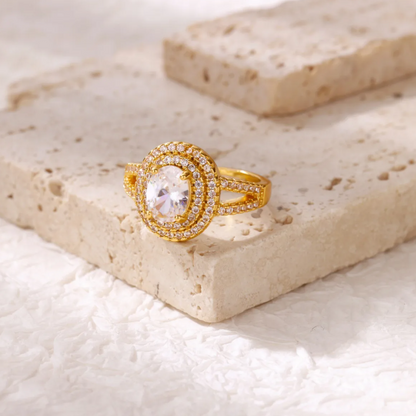 Gold Pink Crystal Halo Adjustable Ring - Ring - 18k Gold Plated Waterproof Jewellery - Collection 9