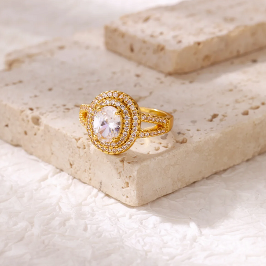 Gold Pink Crystal Halo Adjustable Ring - Ring - 18k Gold Plated Waterproof Jewellery - Collection 9