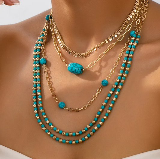 Gold Turquoise Multi-Layer Necklace Set - Necklace - 18k Gold Plated Waterproof Jewellery - Collection 9
