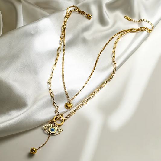Gold Evil Eye Heart Layered Necklace - Necklace - 18k Gold Plated Waterproof Jewellery - Collection 9
