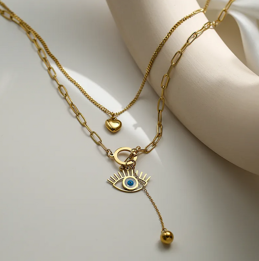 Gold Evil Eye Heart Layered Necklace - Necklace - 18k Gold Plated Waterproof Jewellery - Collection 9