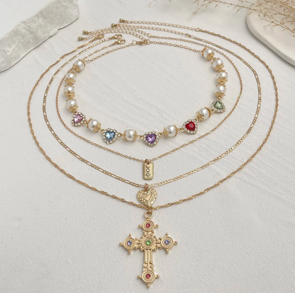 Gold Multi-Layer Cross Pearl Necklace Set - Necklace - 18k Gold Plated Waterproof Jewellery - Collection 9