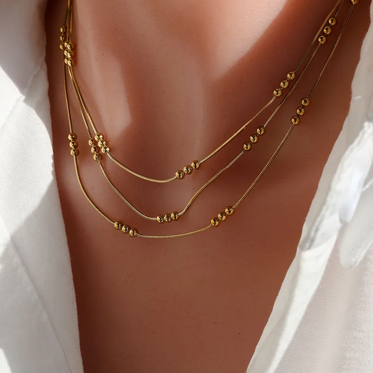 Gold Beaded Triple Layer Necklace - Necklace - 18k Gold Plated Waterproof Jewellery - Collection 9