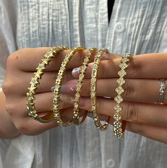 Gold Crystal Textured Bangle - Bracelet - 18k Gold Plated Waterproof Jewellery - Collection 9