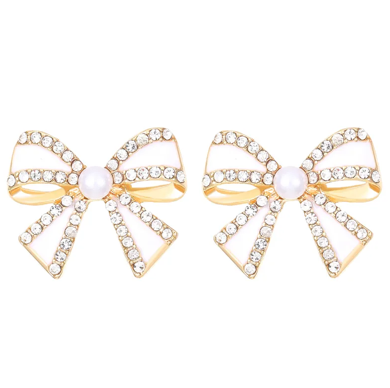Pearl & Enamel Bow Stud Earrings - Earrings - 18k Gold Plated Waterproof Jewellery - Collection 9